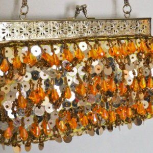 Vintage Gold Sequin Beaded Purse Made in Hon Kong Long Chain